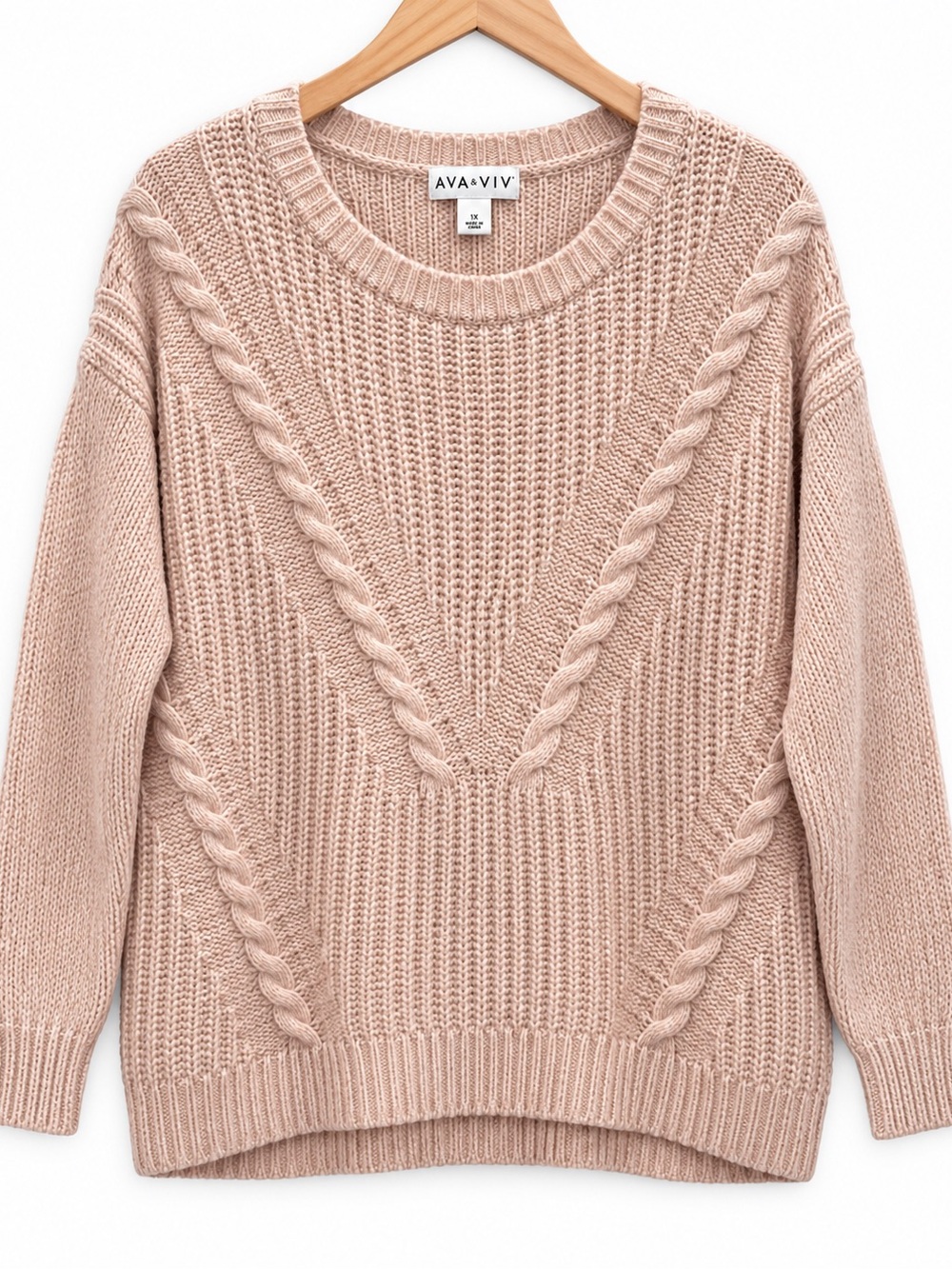 Ava & Viv 1X Blush Pink Cable Knit Pullover Sweater Cotton Wool Blend
